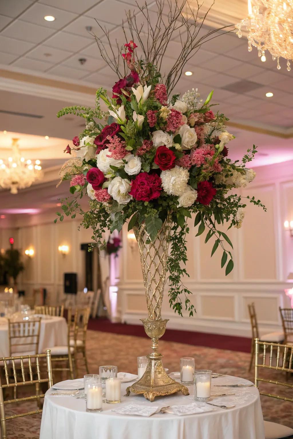 A tall and imposing floral arrangement, adding drama and sophistication to the wedding venue.