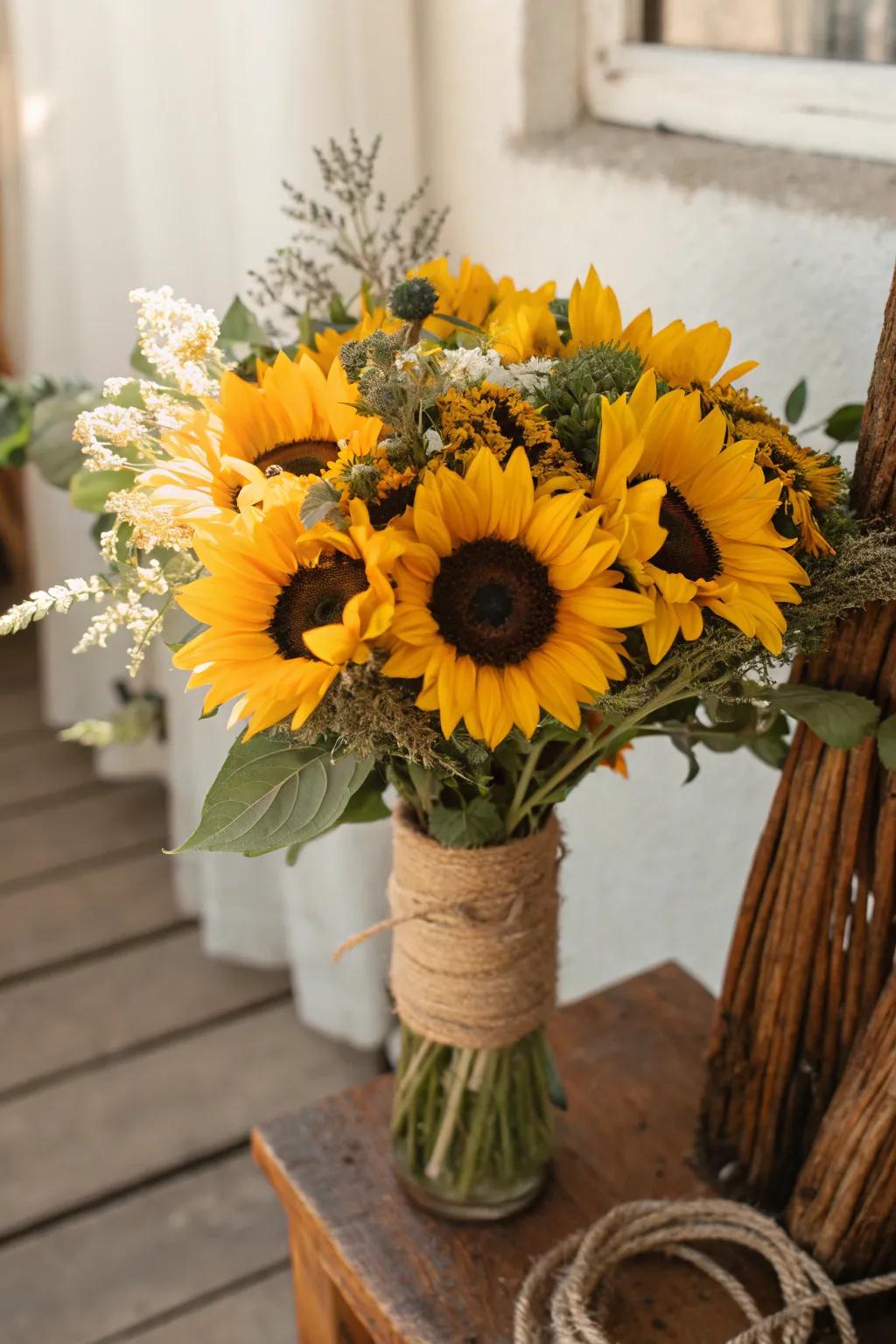 A cheerful sunflower bouquet suited for an outdoor wedding.