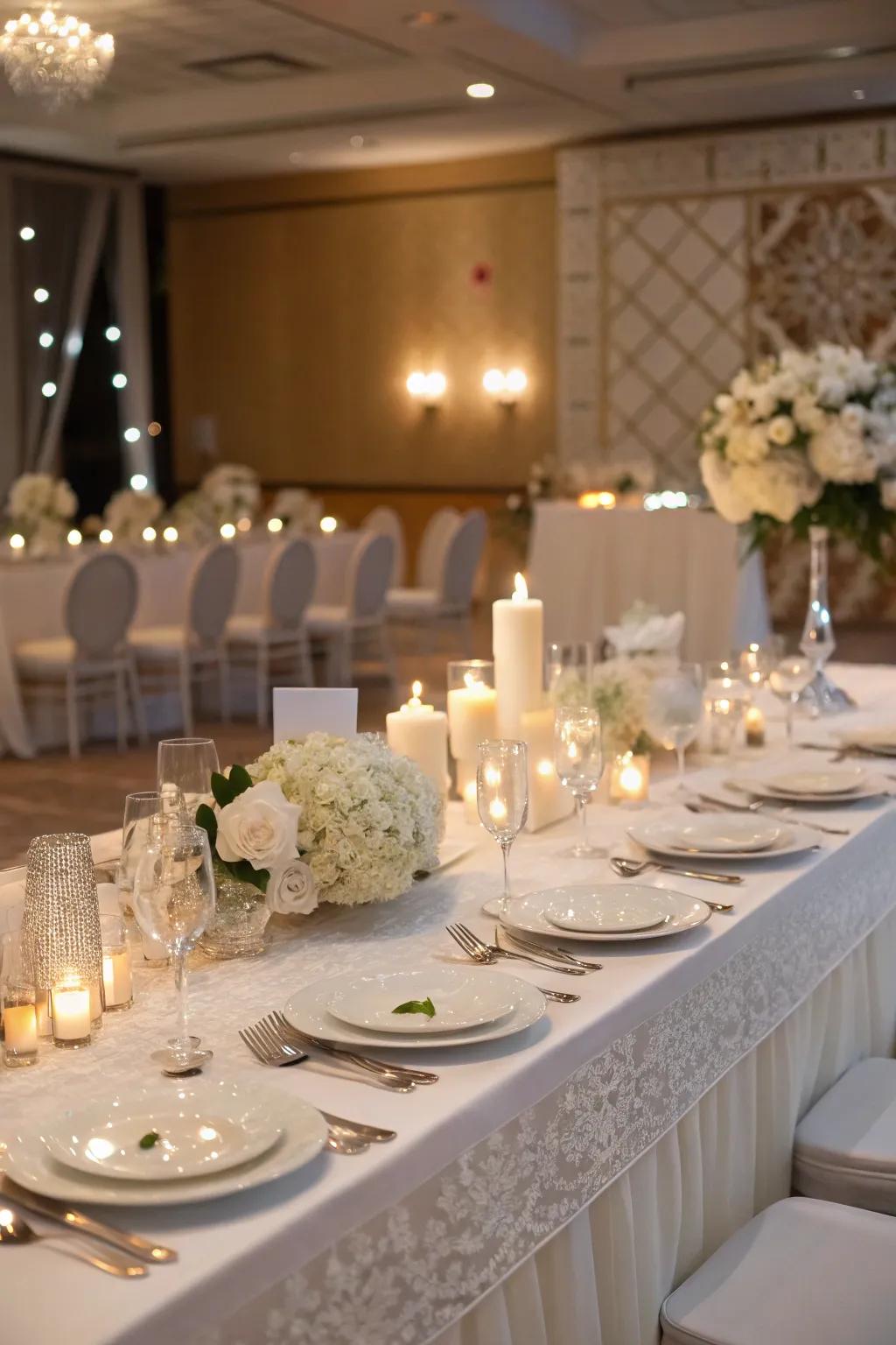 Understated tableware creating an elegant head table arrangement.
