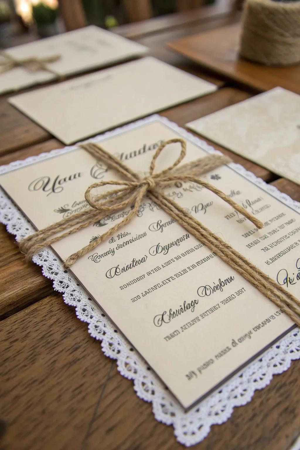 Homespun hemp band adds charm to a wedding invitation.