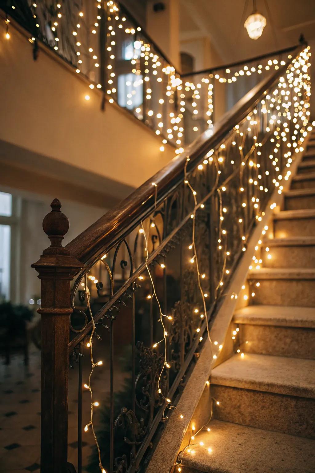 Glimmering lights establish a magical, starry impression on this wedding stairway.