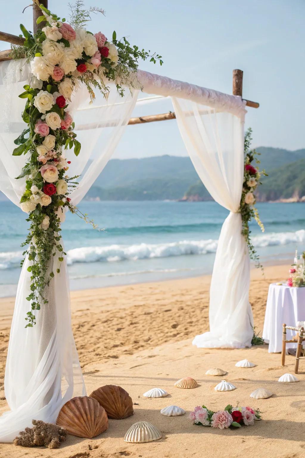 A tranquil seashore wedding theme featuring elements from the natural seascape.