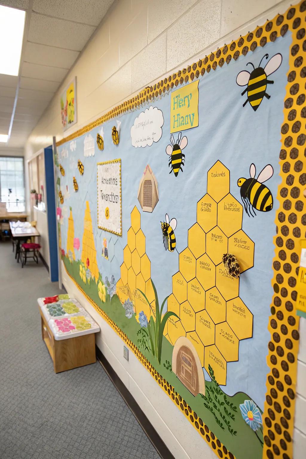 A bee-themed bulletin board to encourage a sense of community and collaboration.