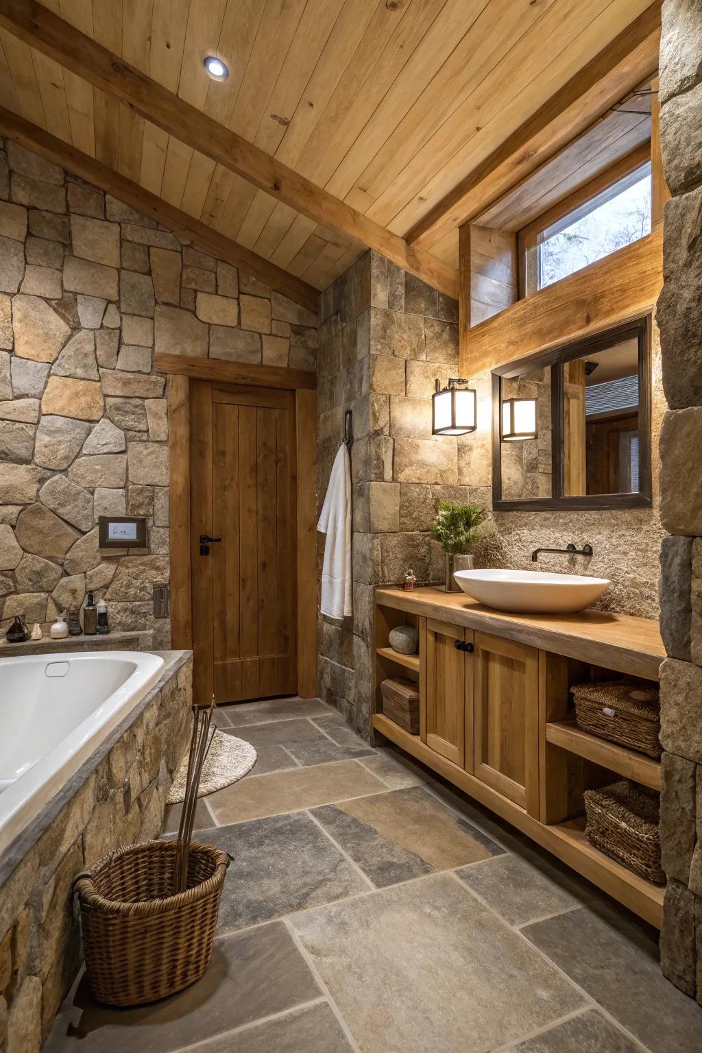 Natural stone slabs enhance the countryside ambiance of this bathroom.