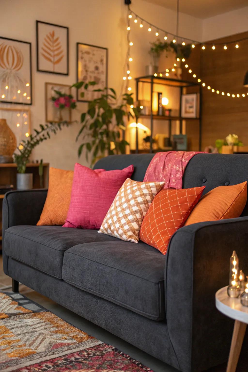 Rose and tangerine cushions provide a playful splash of color on a dark grey sofa.