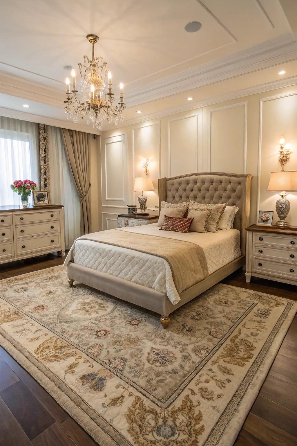 The 9x12 rug delivers an elegant and unified base for a lavish bedroom.