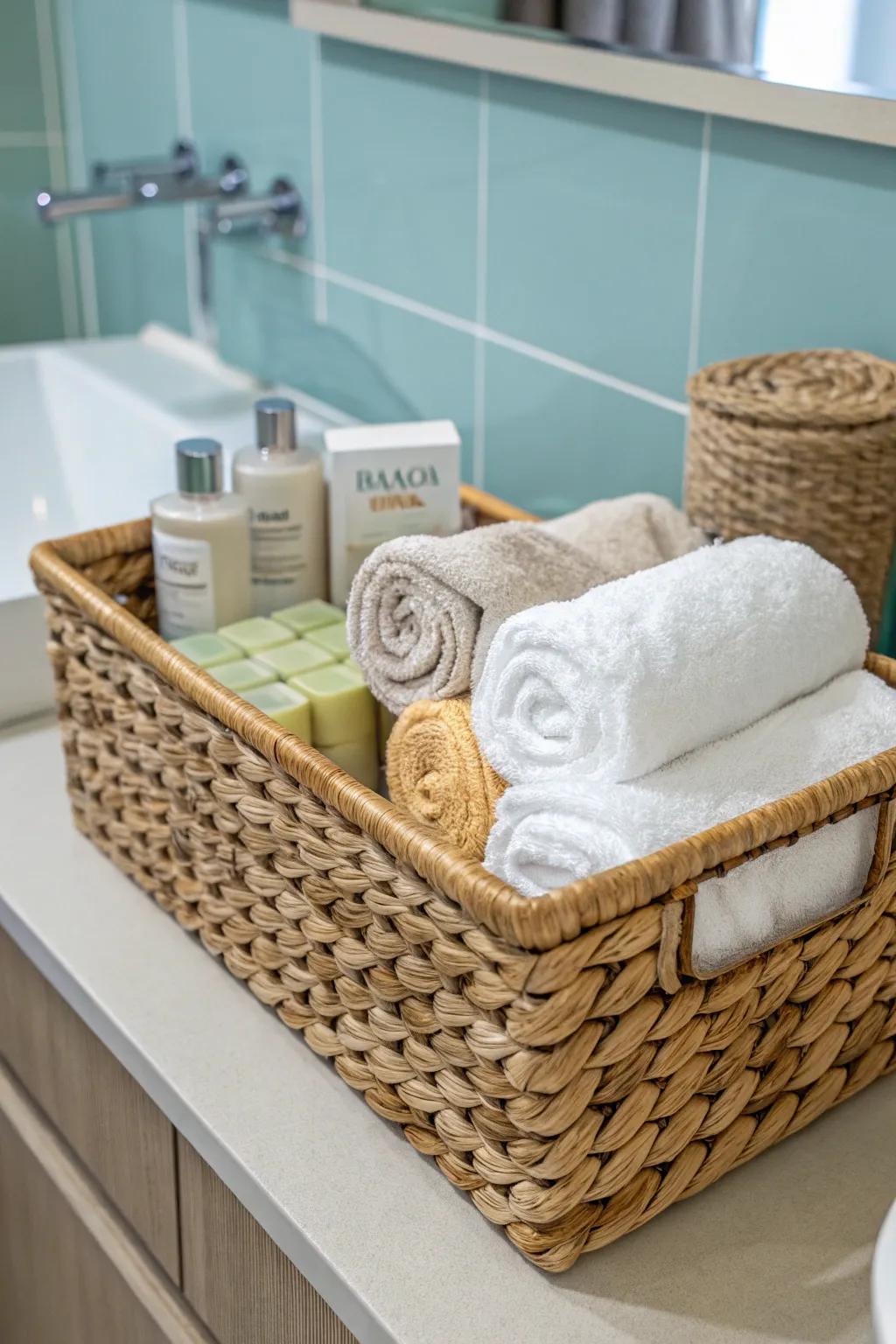 A basket containing towels and soaps provides a spa-like ambiance to the bathroom.