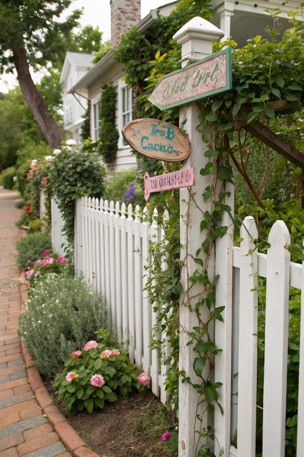 Picket fences can be decorated with greenery and signs for added charm.