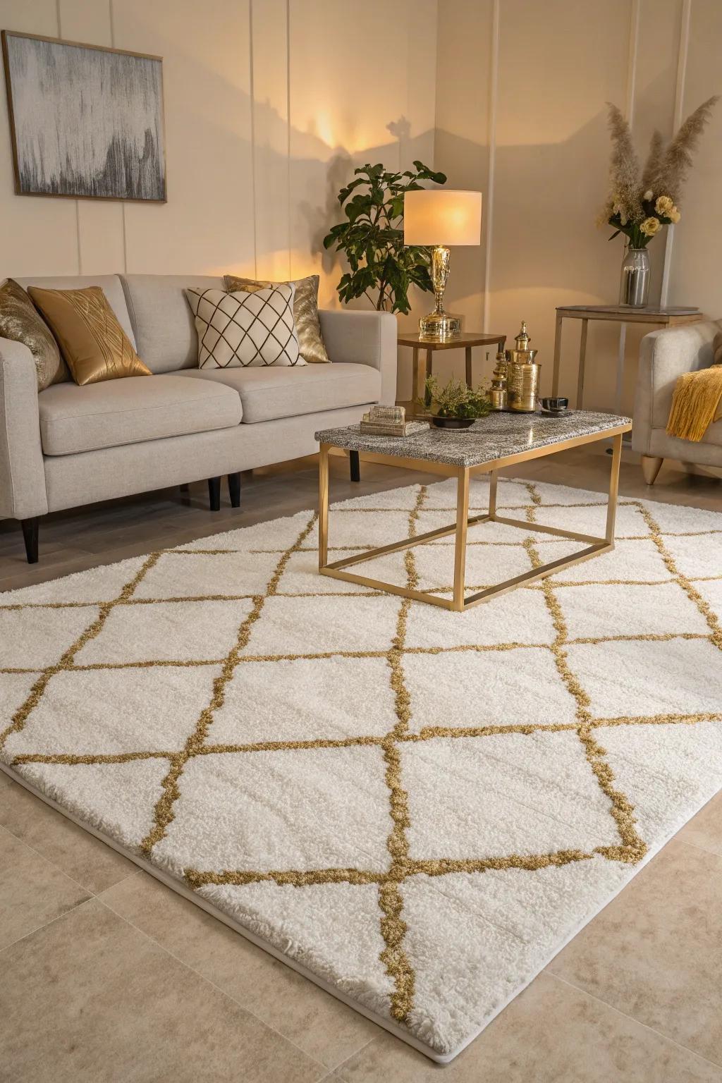Textured rugs in white and gold enrich warmth and delineate the living space.
