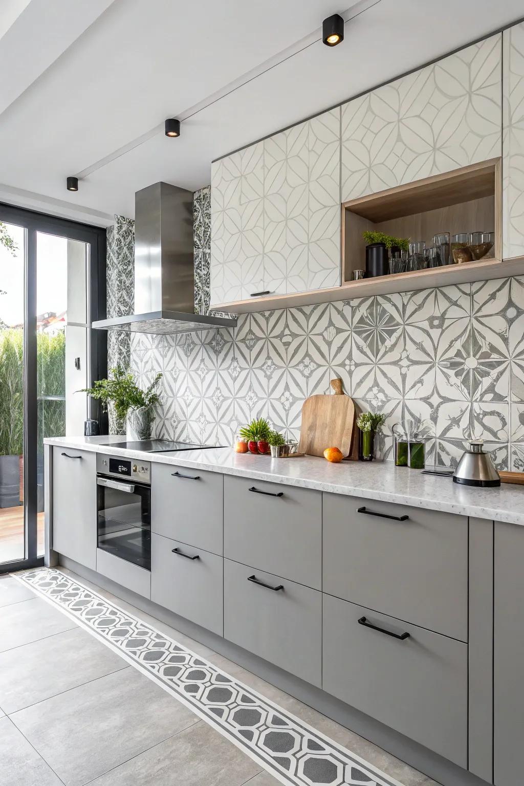 Symmetrical tiles inject a contemporary vibe into the cooking space.