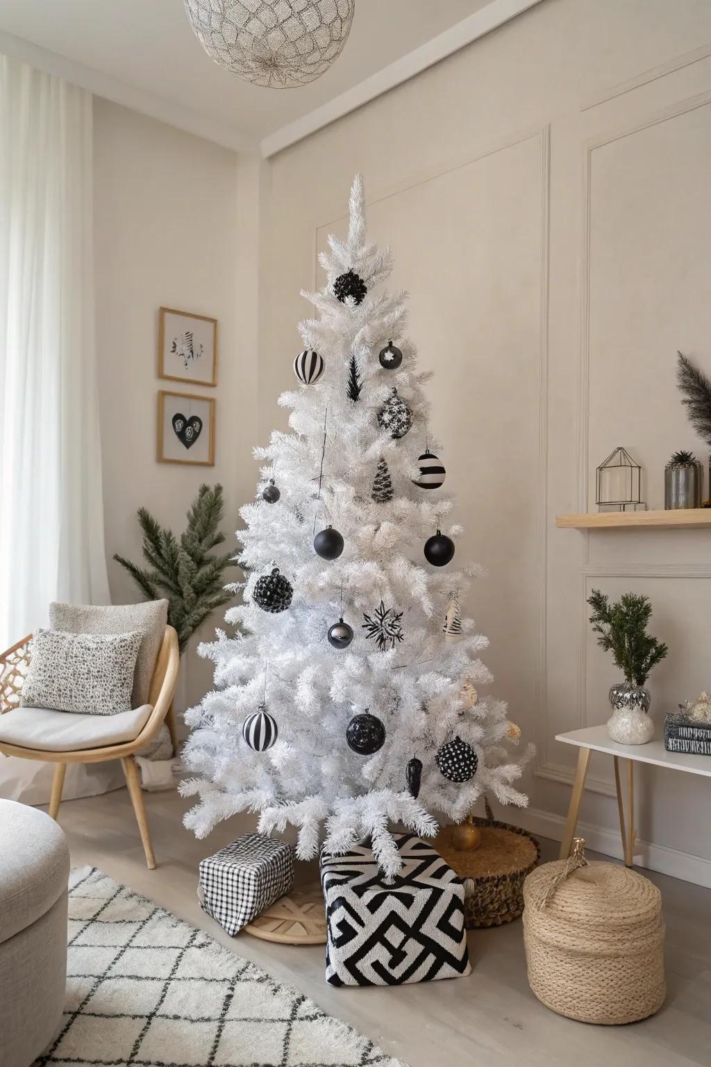 A modern, minimalist tree showcasing geometric ornaments for a chic appeal.