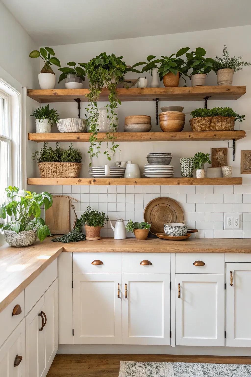 This modern farmhouse kitchen incorporates open shelving for both storage and style.