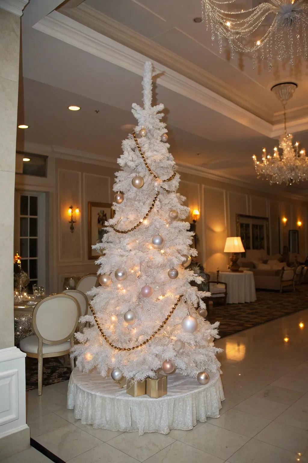 A white pencil tree featuring classic allure with pearls and nostalgic ornaments.