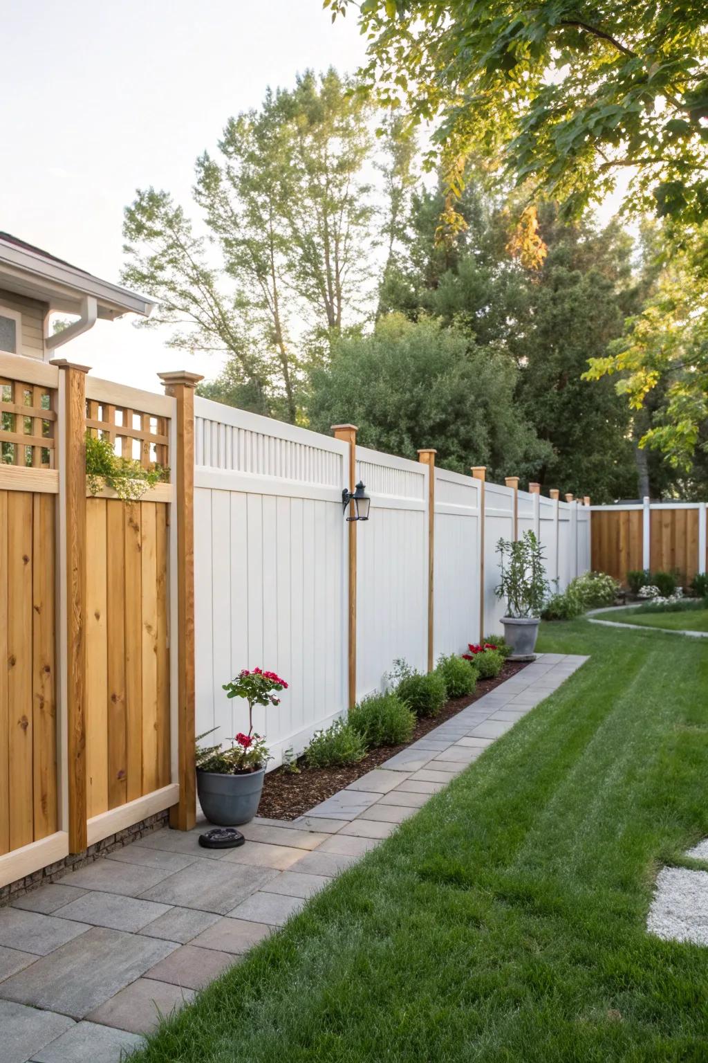 A composite material boundary blends white panels with timber for a warm and inviting atmosphere.