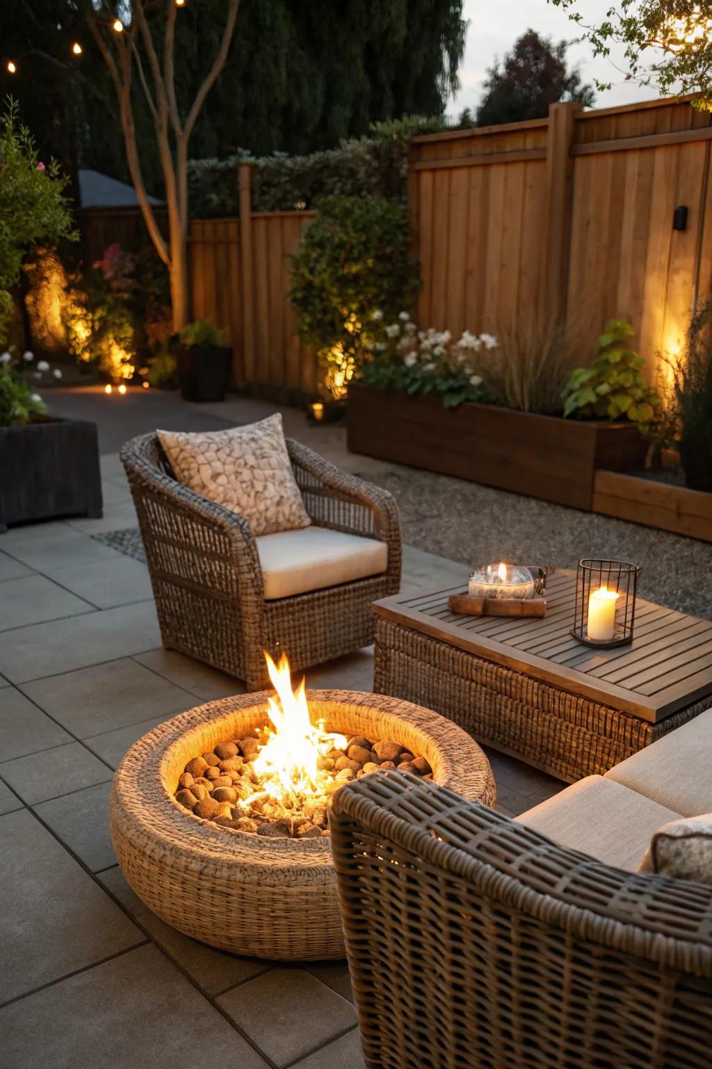 An intimate bonfire setting adorned with wicker furnishings.
