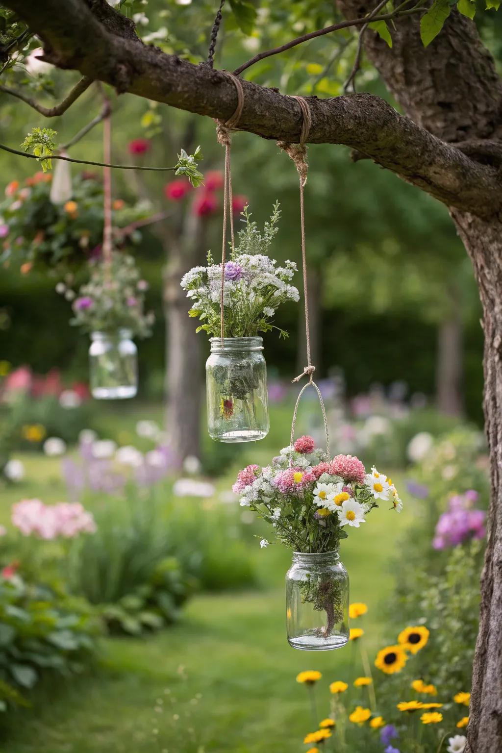 Suspended jars brimming with wildflowers generate a fanciful outside exhibition.