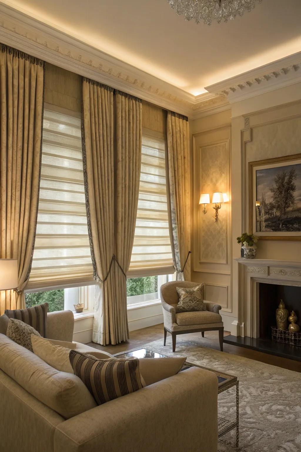 Superimposed shades and textiles in a lounge radiate opulence.