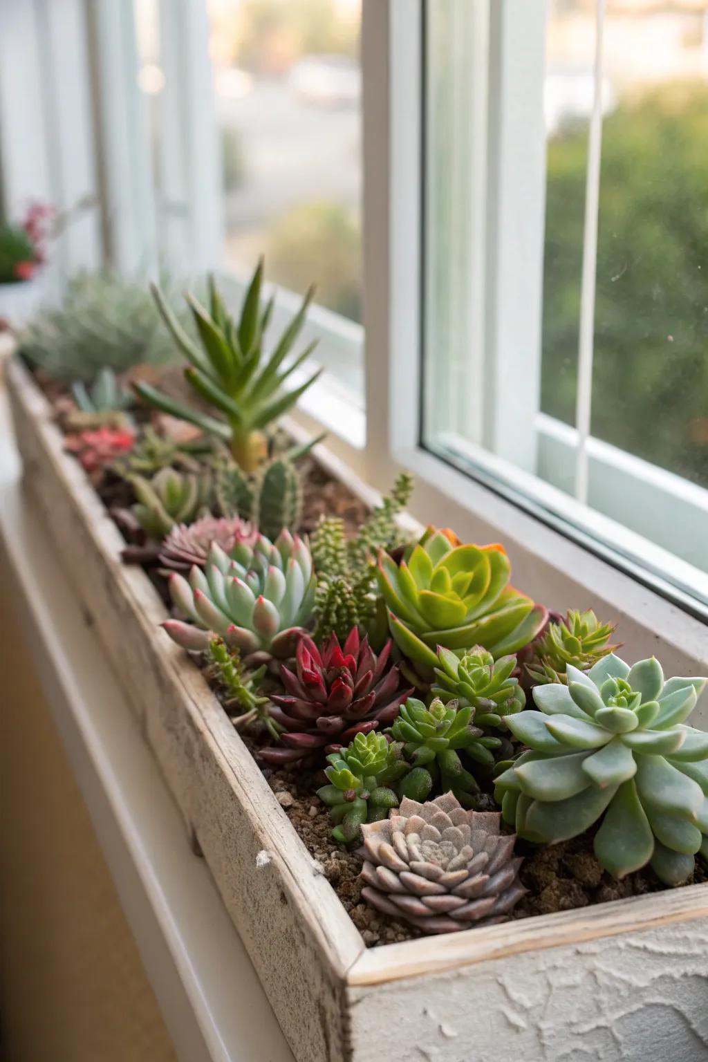 A serene showcase of succulents within a window box
