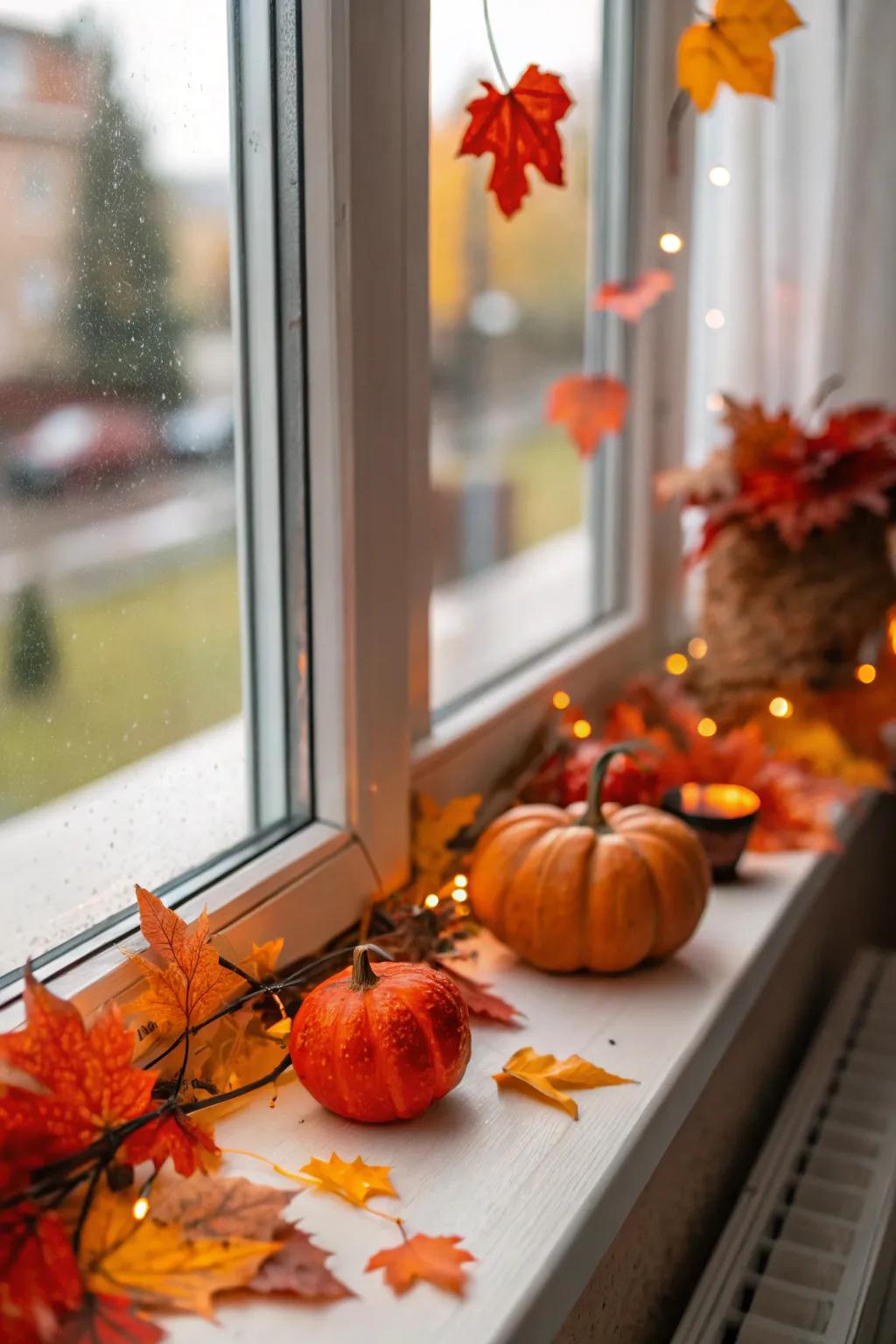 Seasonal ornaments including pumpkins and autumn leaves across a window sill.