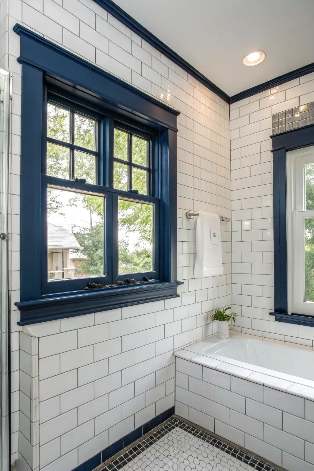 Deep sapphire trim introduces a seaside atmosphere to a washroom.