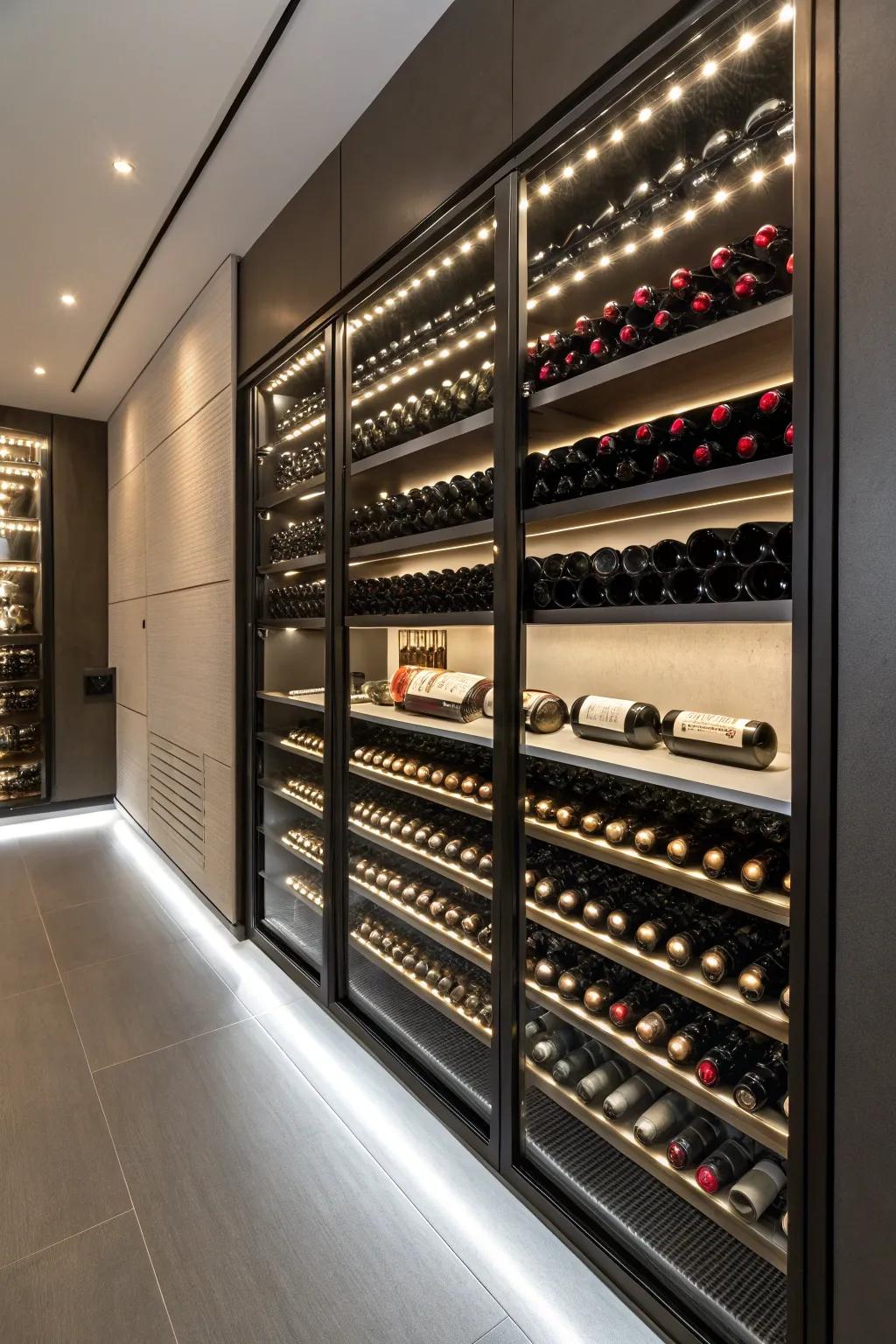 Stylish appearance created by modern LED strip lights lining wine shelves.