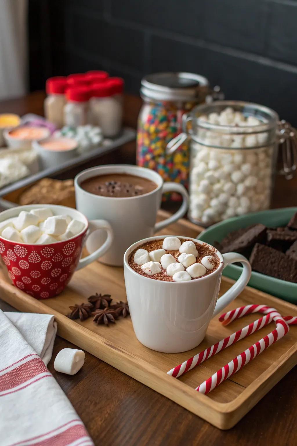 A warm chocolate station that is ideal for a winter baby shower.