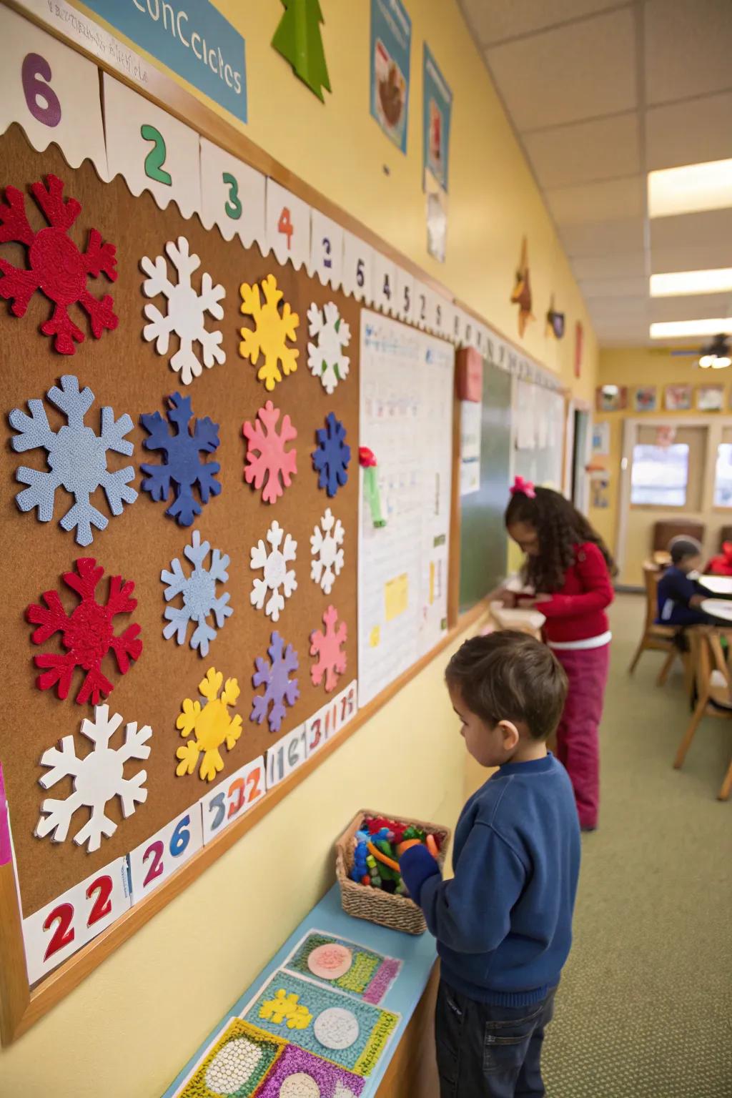 Participatory icy crystals encourage playful tallying on the bulletin board.