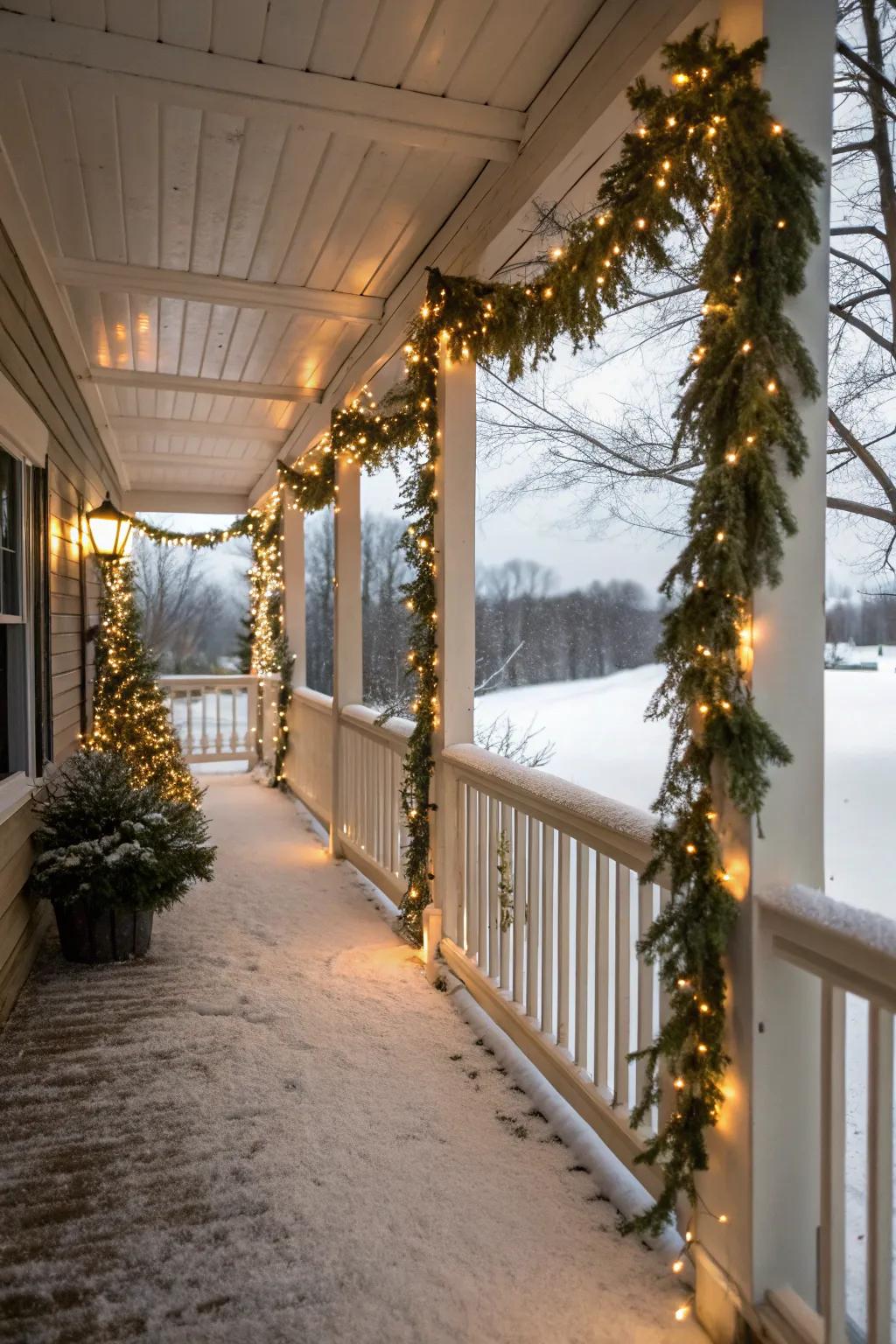 Twinkling lights threaded through garlands on a winter porch.