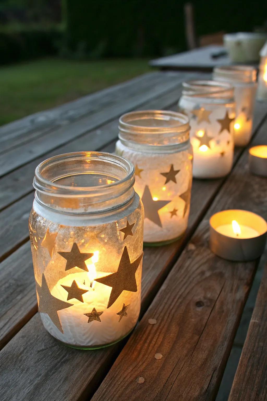 Preserving jar lanterns generate a celestial radiance, perfect for the solstice evening.