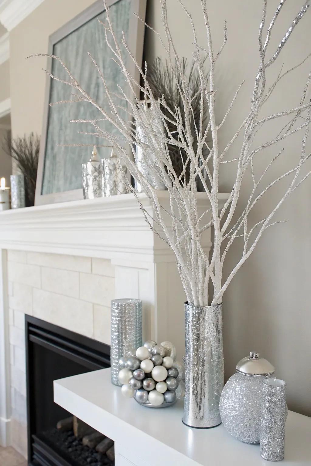 A minimalist approach with white branches creates elegance.
