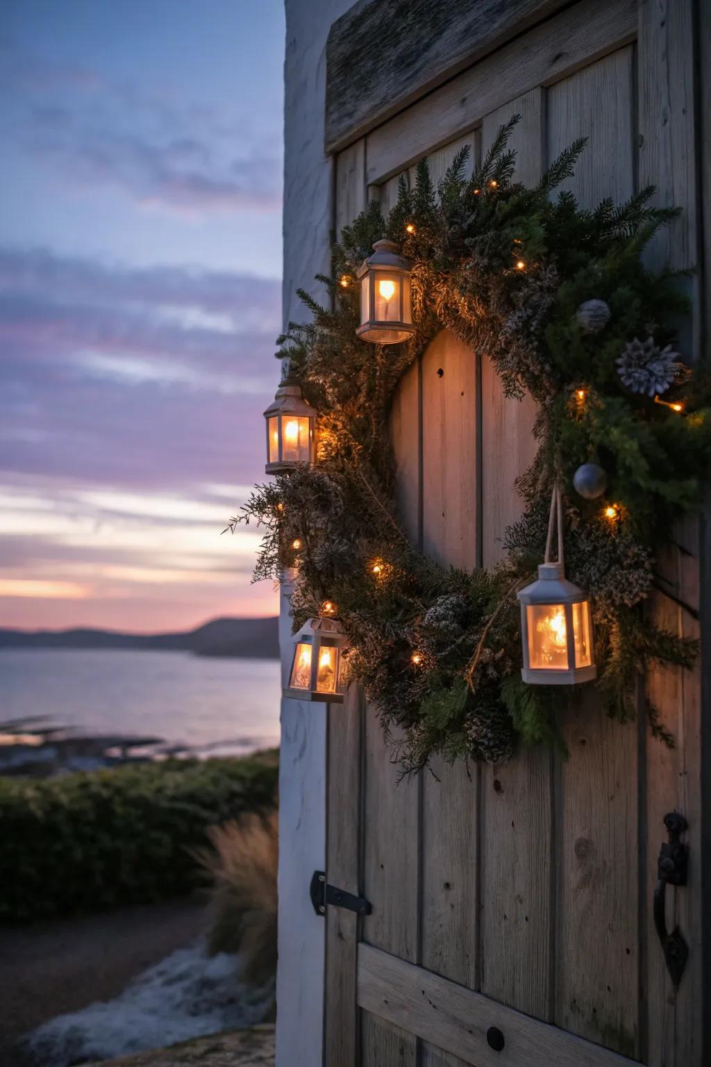 Illuminated by lanterns, this arrangement emanates a captivating winter glow.