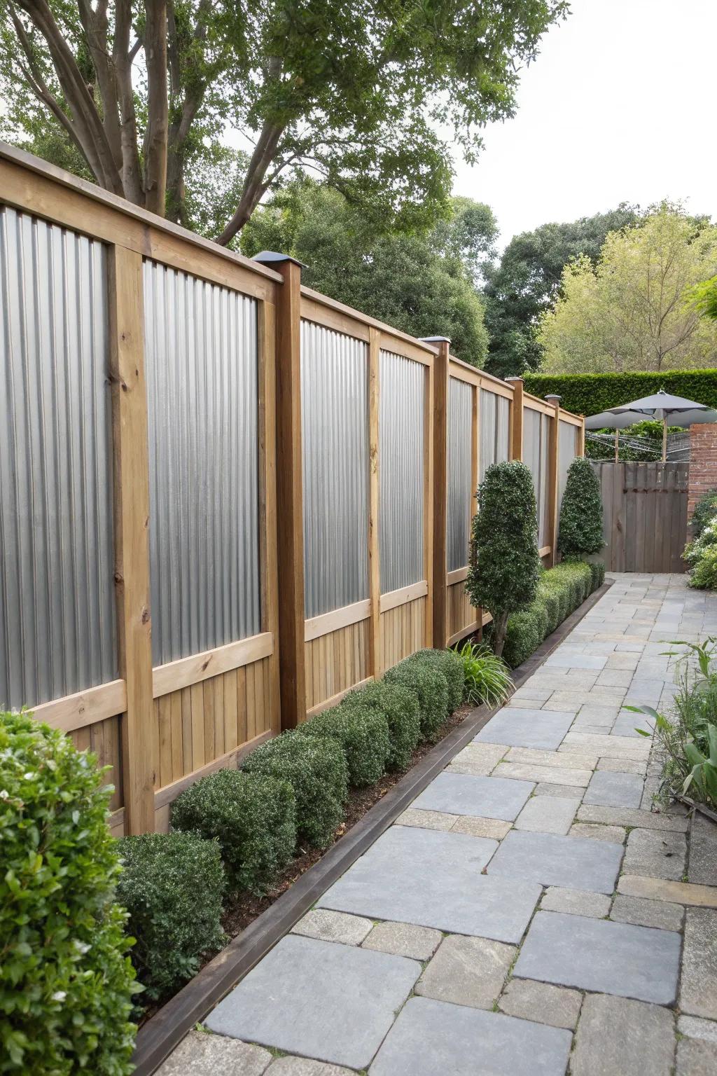 A down-to-earth-modern fence featuring ribbed metal and timber frames.