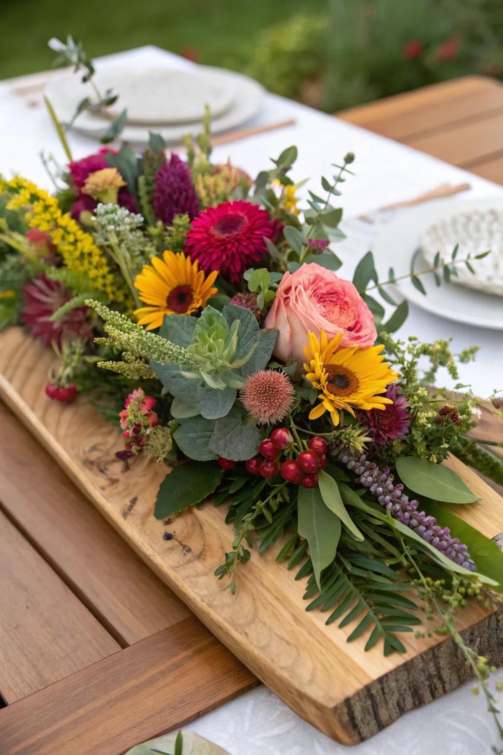 Improve your floral displays using a wooden board platform.