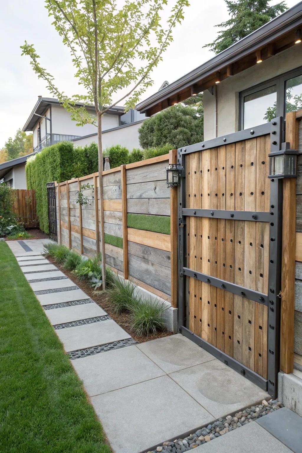 Mixed-material fences merge traditional elements with modern aesthetics for a distinct visual statement.