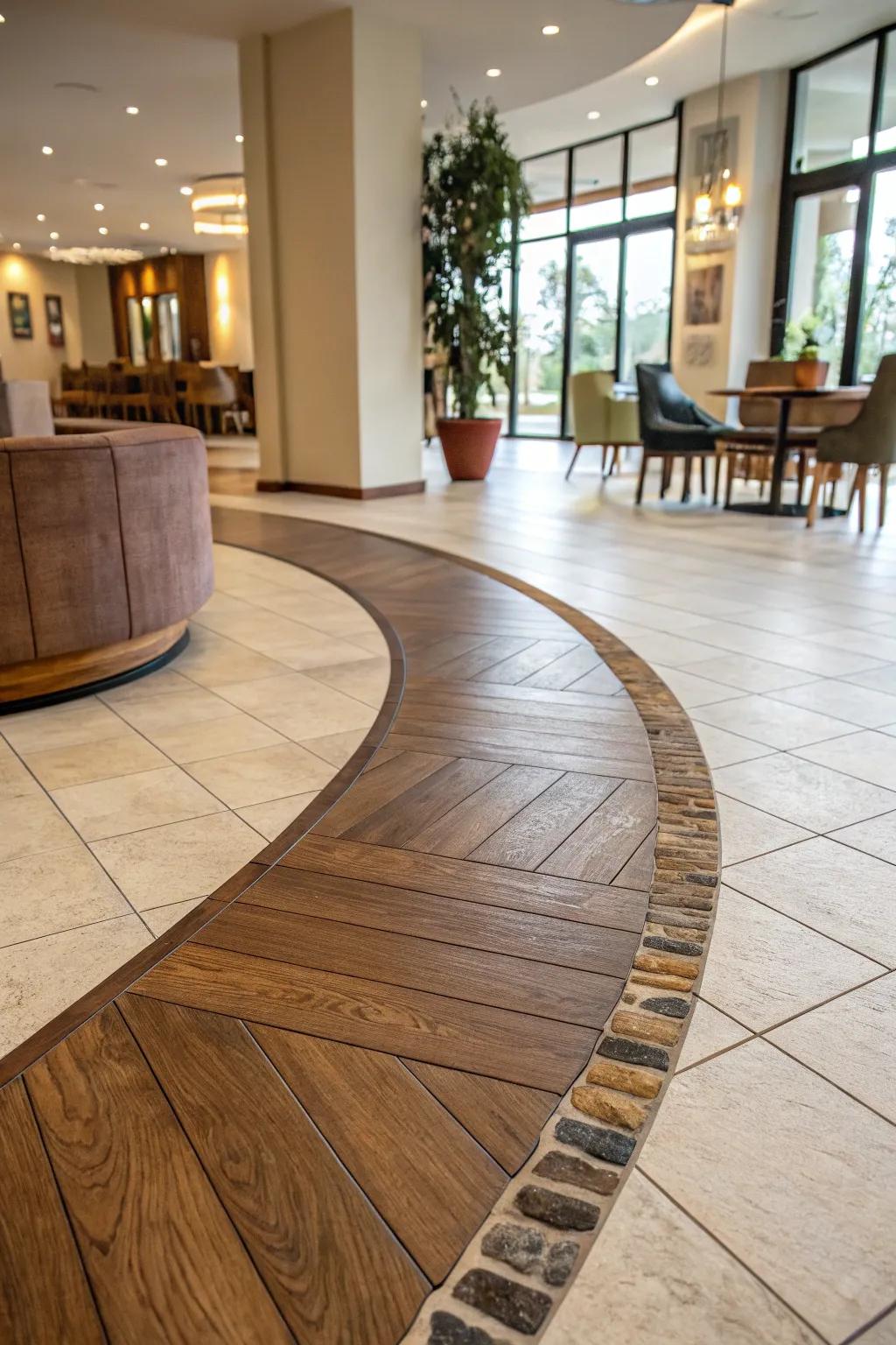 An artistic interior showcasing a curved shift between wood and tiled flooring.