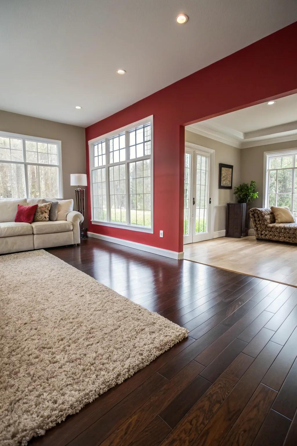 Contrastive hues in flooring shifts infuse boldness and specify zones.