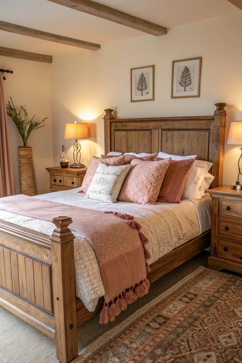A cozy wood bed enhanced with welcoming decor.