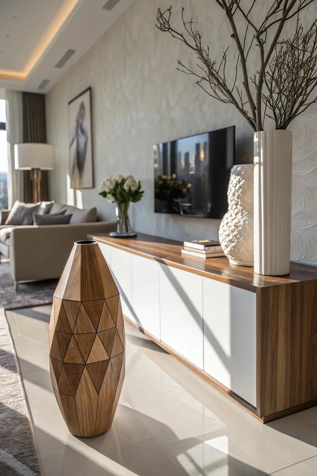 Add a contemporary twist incorporating geometric wooden vases.