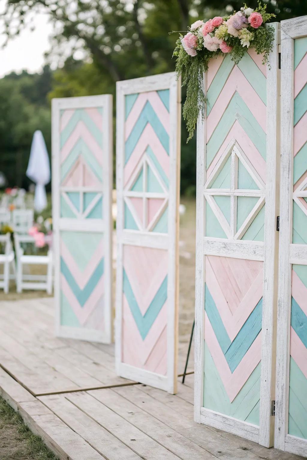 Geometric timber panels introduce a modern element to wedding decor.