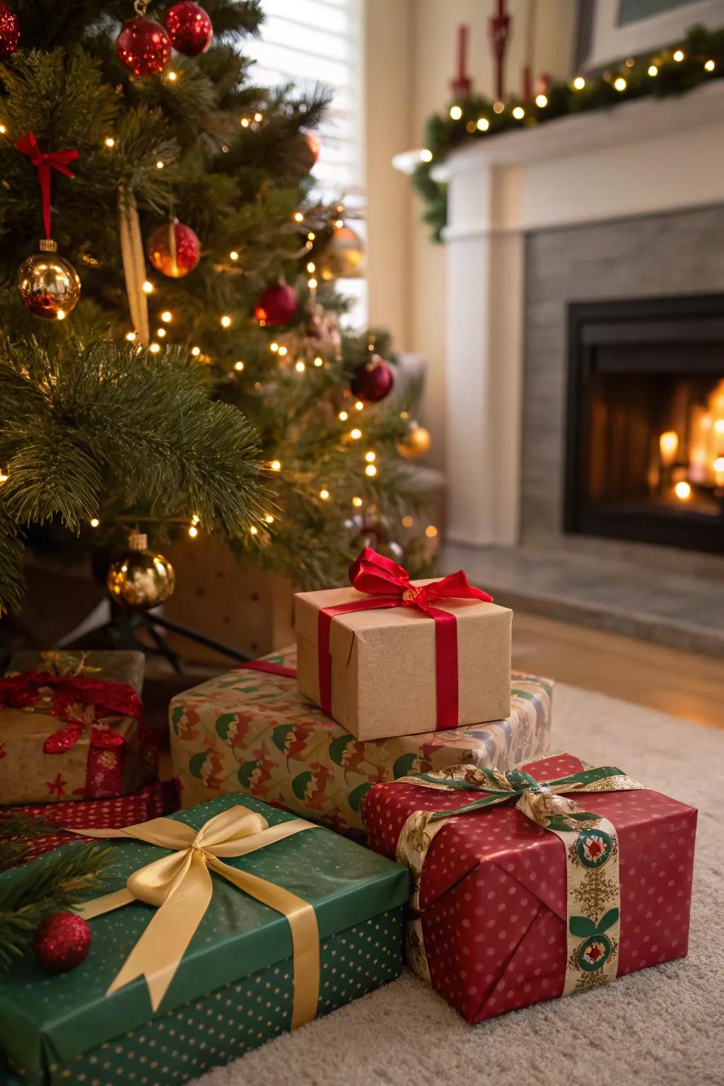 Ornamental boxes adding a celebratory accent under the tree.