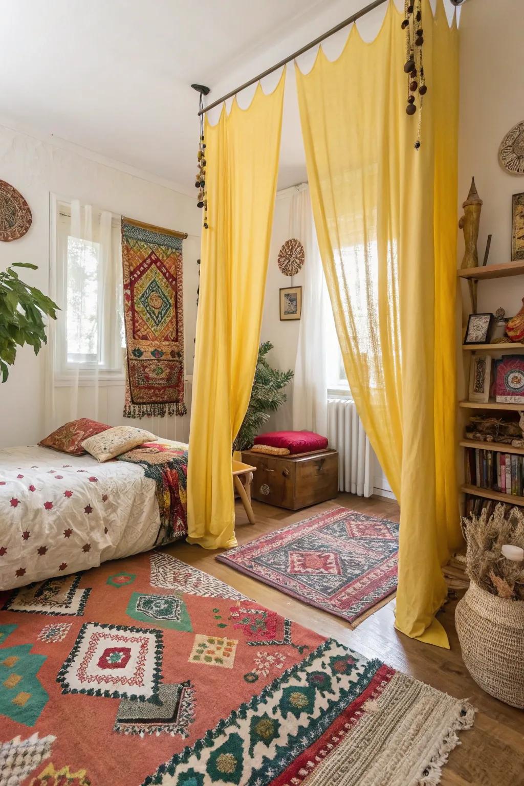 Yellow window coverings enhance the bohemian vibe with diverse decor elements in the bedroom.