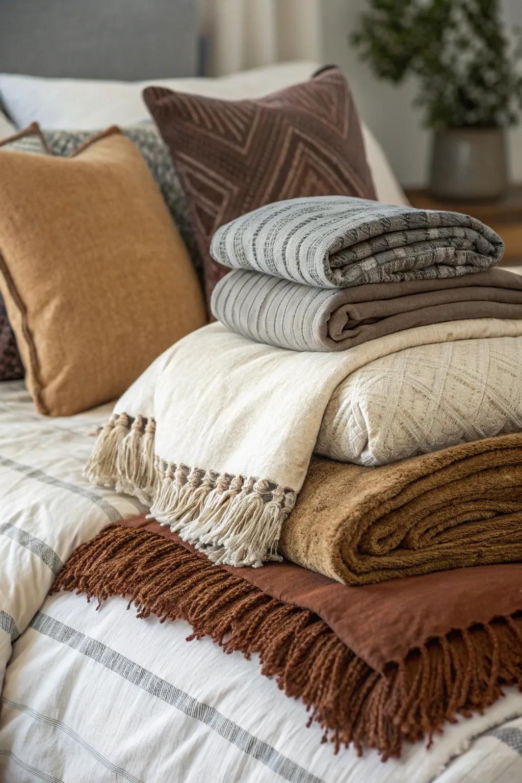 Layered textiles create an inviting and snug bed.