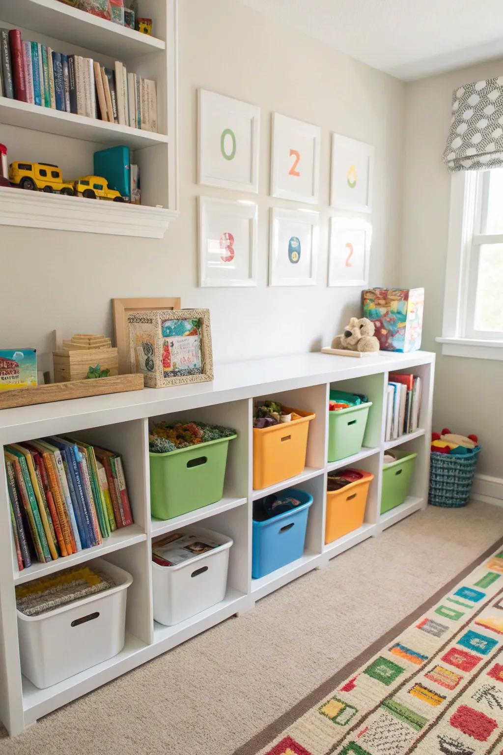 Practical storage keeps toys neatly arranged and within reach.
