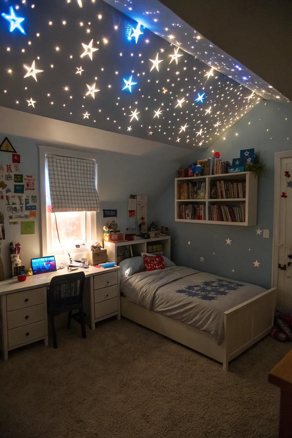 Creative illumination adds a whimsical and enchanting touch to a boy's bedroom.