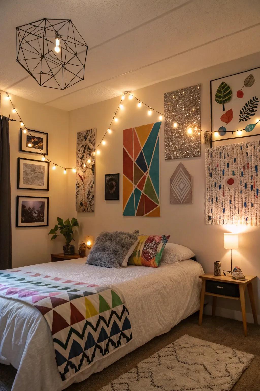 Inventive wall artwork paired with LED accents for a tailored touch.