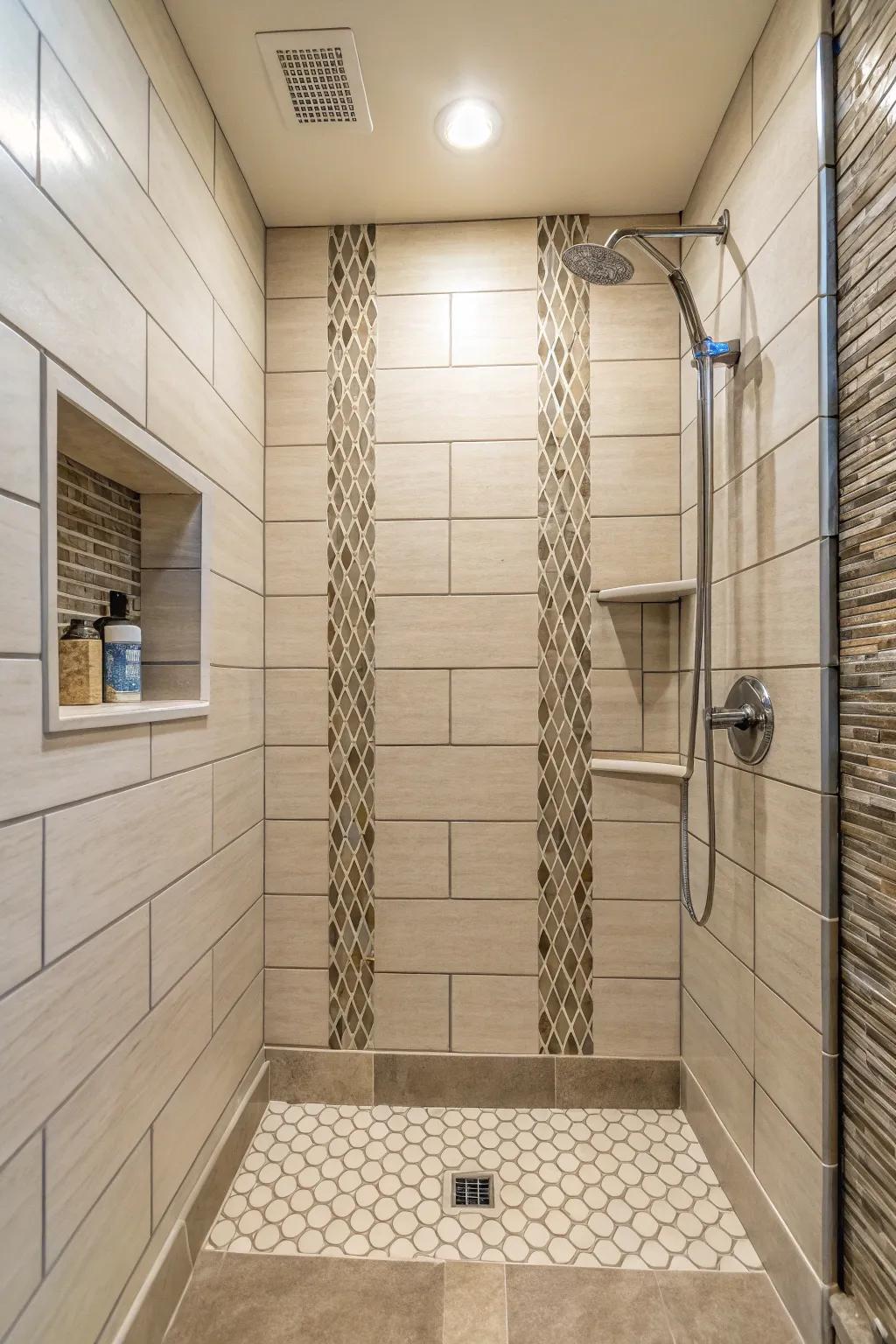 The zipper offset pattern brings a playful rhythm to your shower design.
