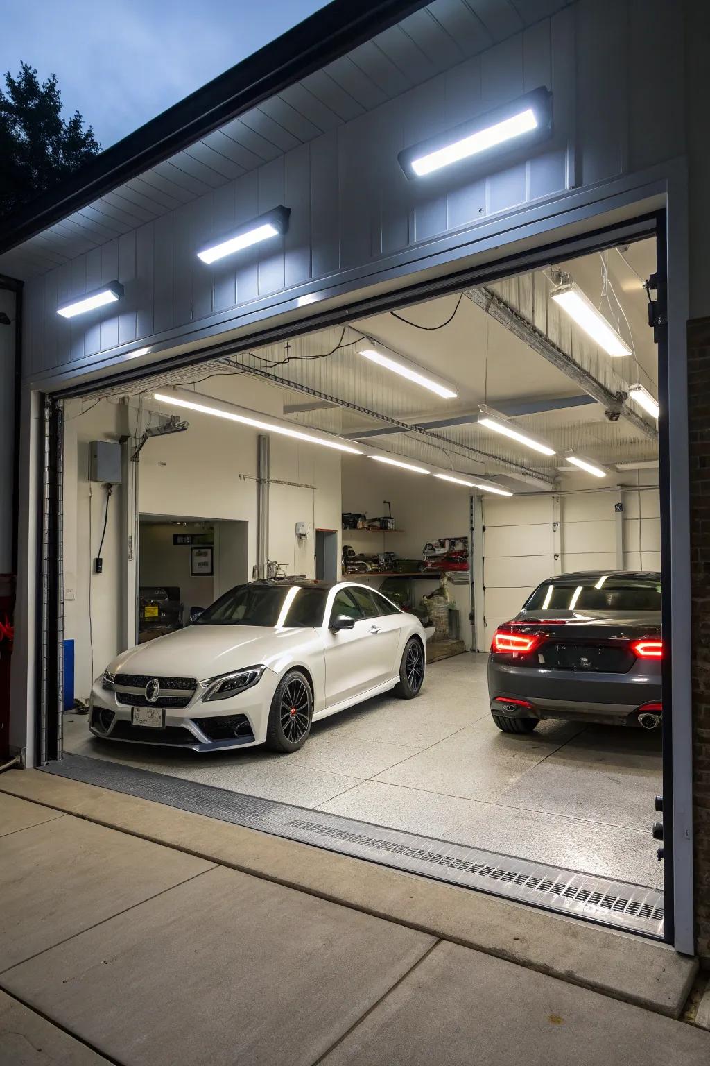 High-quality lighting transforms a garage into a usable workspace.