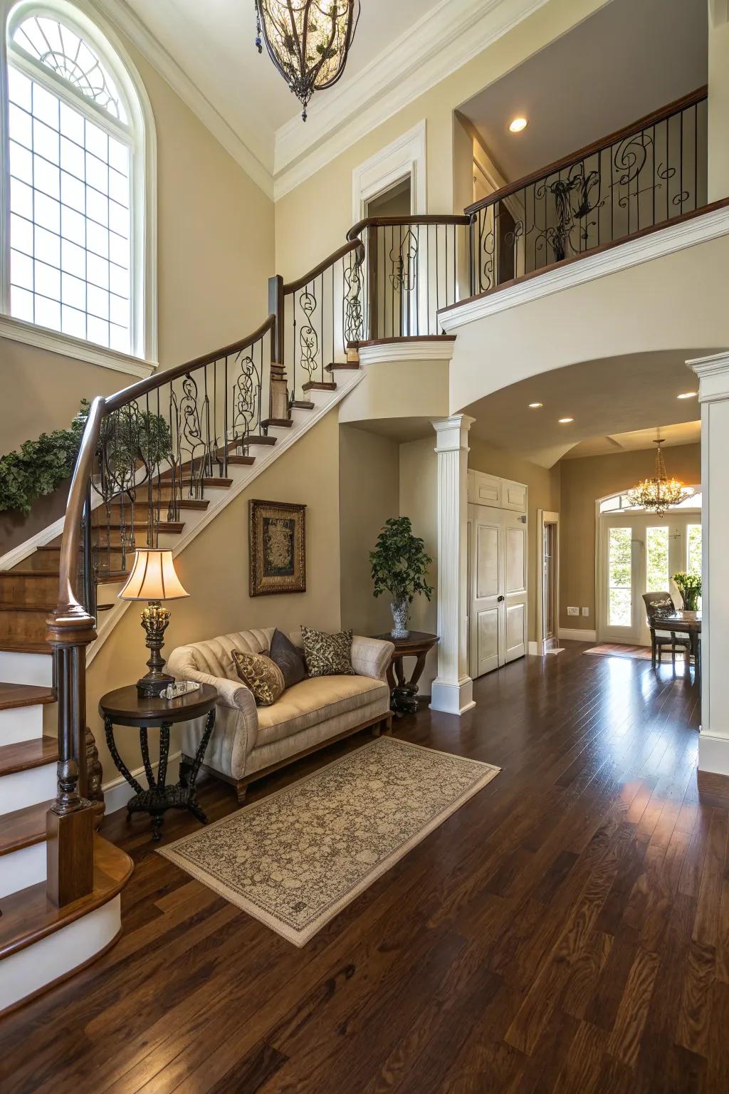 Luxury wood floors enhance the elegance of the foyer.