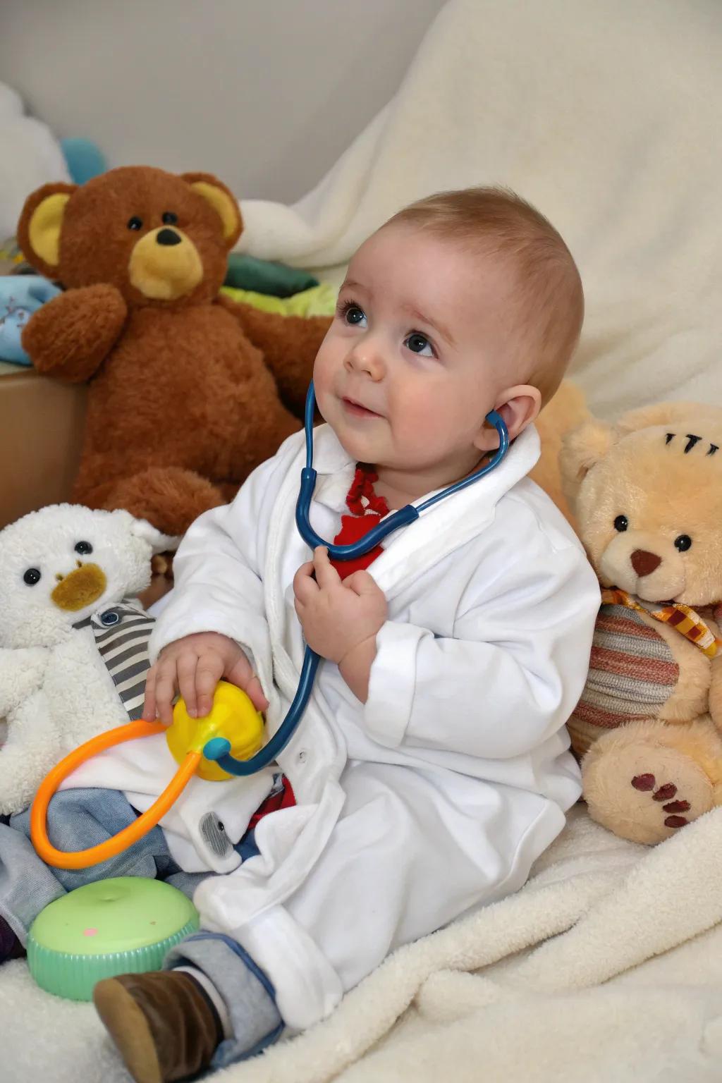 A petite doctor, ready to make rounds!