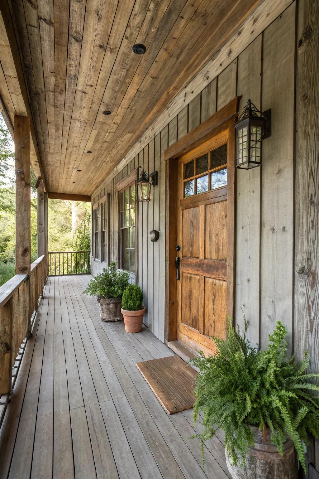 Comforting timber paneling contributing to a countryside porch aesthetic.